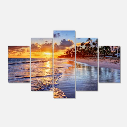 Designart - Beach Side Resort With Palm Trees - Yellow - Seashore Canvas Art Print